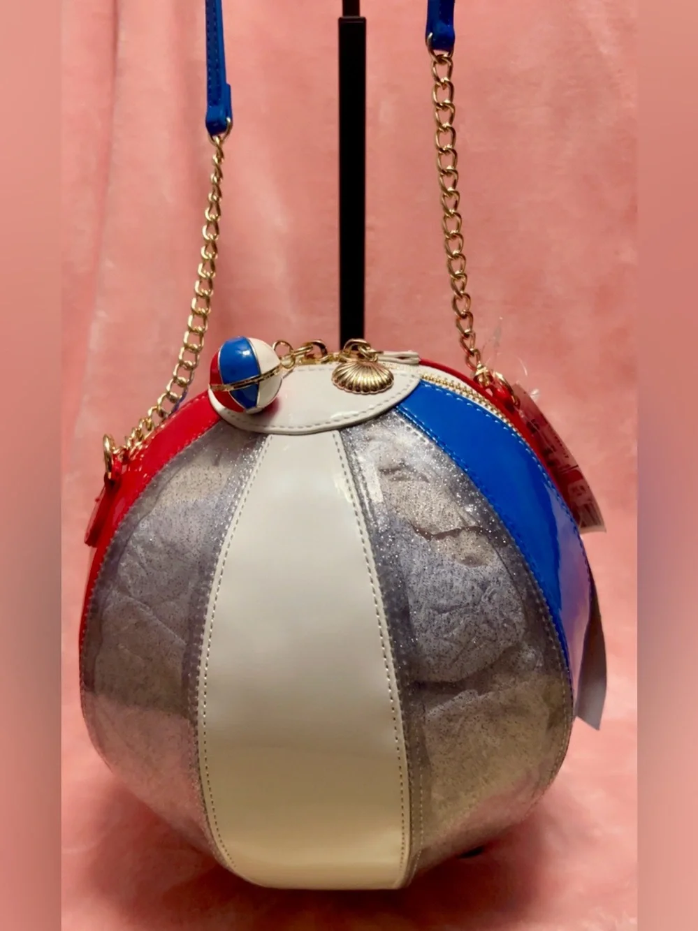 Tri-Color Beach Ball Crossbody Bag with Gold Chain Strap and Beach Ball Charm